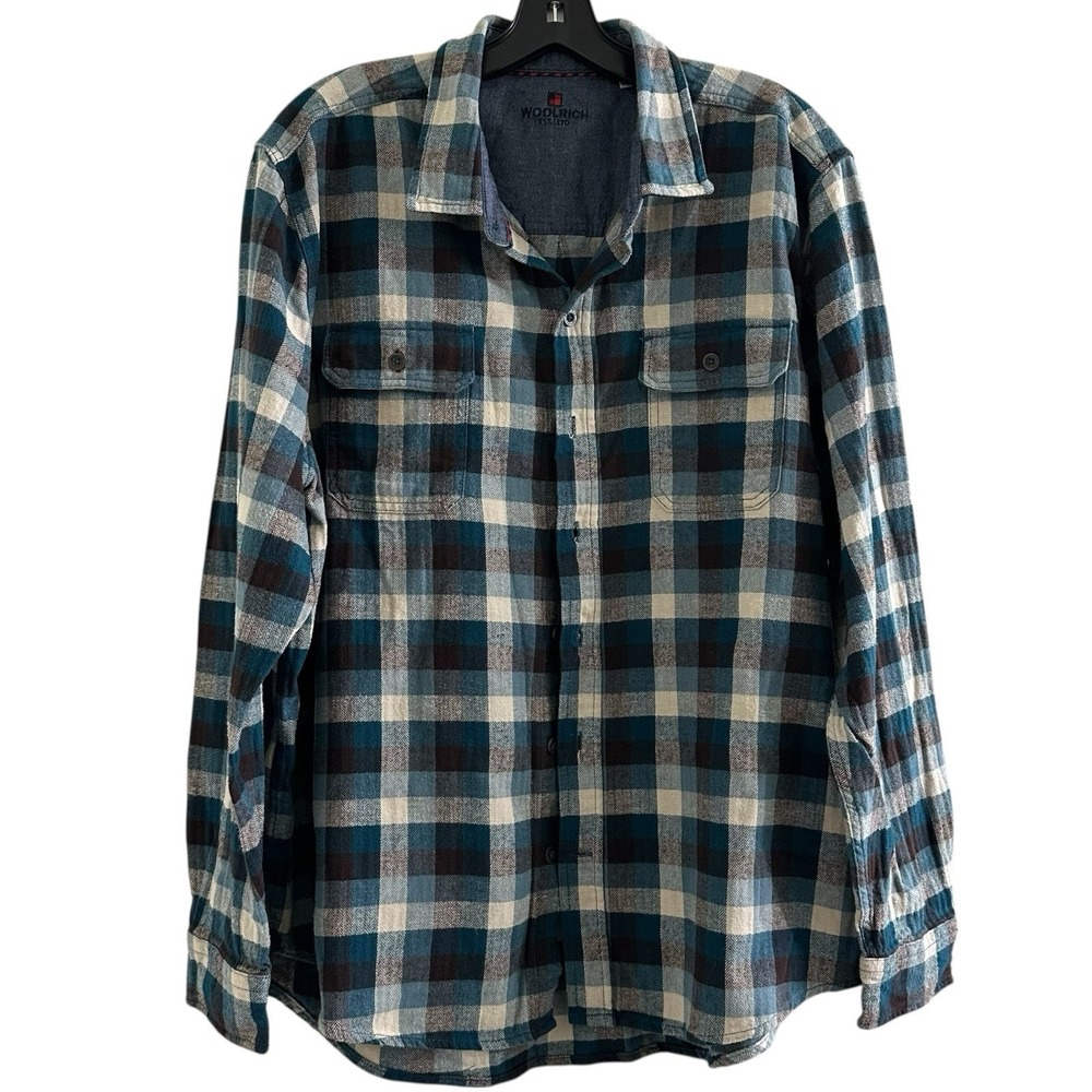 Woolrich‎ Mens Flannel Shirt XXL Blue Teal Plaid Long Sleeve Button Up